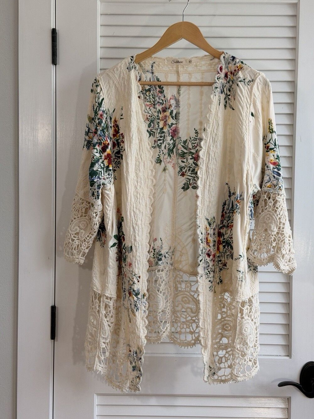 Solitaire XL Floral Crochet Lace Kimono Cardigan Boho Open Front Duster White - Picture 2 of 11